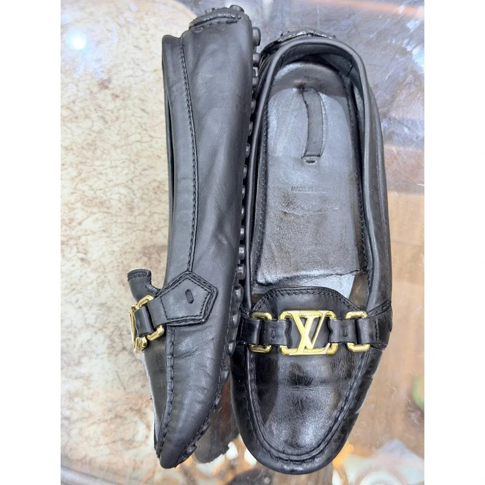 Louis Vuitton Black Leather Loafers Gold LV Logo Driving Shoes Womens Italy 39